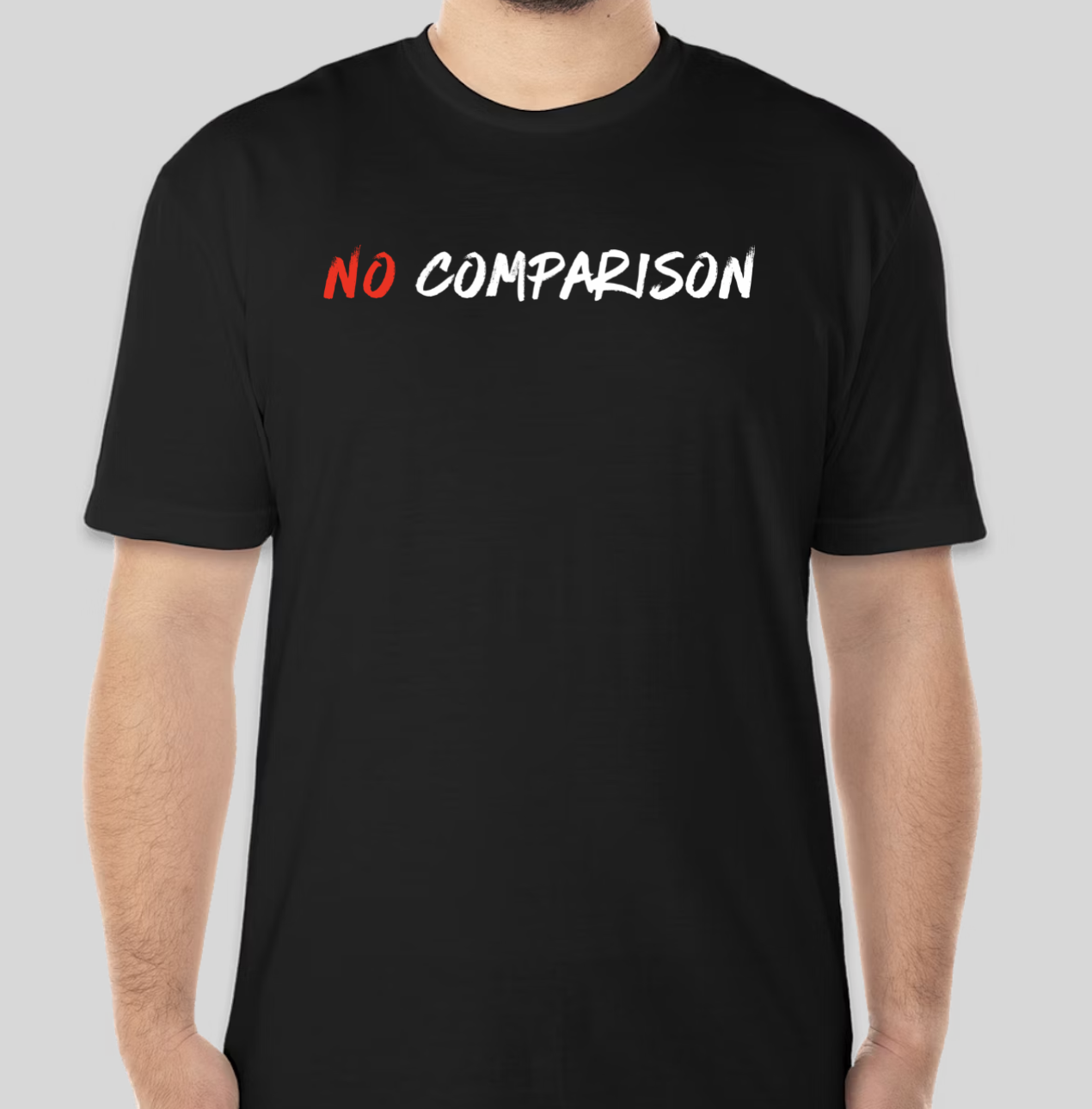 The No Comparison t-shirt features the words no comparison displayed in a raw and dramatic font. The classic BHS logo is applied to the back of the t-shirt.